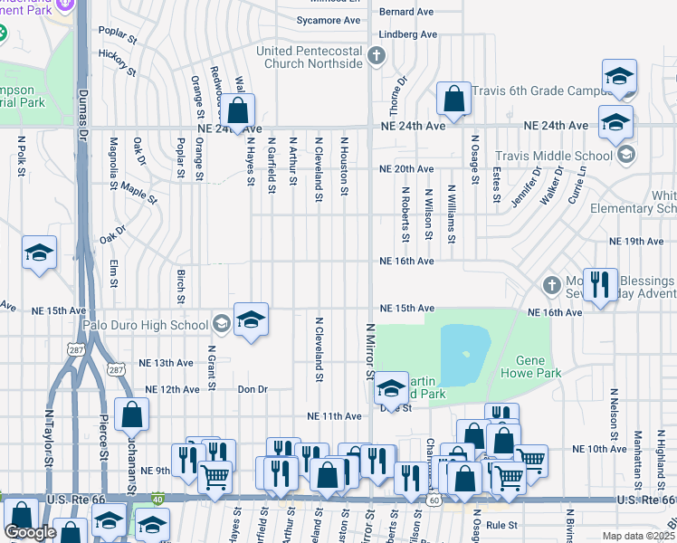 map of restaurants, bars, coffee shops, grocery stores, and more near 1514 North Houston Street in Amarillo