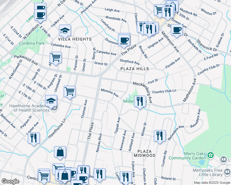 map of restaurants, bars, coffee shops, grocery stores, and more near in Charlotte