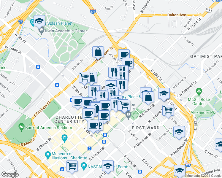 map of restaurants, bars, coffee shops, grocery stores, and more near 401 North Tryon Street in Charlotte