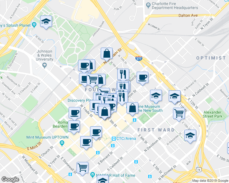map of restaurants, bars, coffee shops, grocery stores, and more near in Charlotte