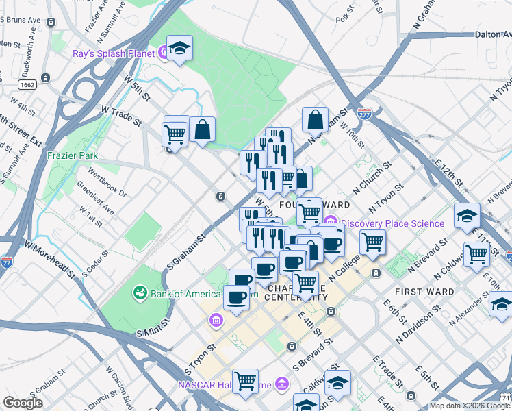 map of restaurants, bars, coffee shops, grocery stores, and more near in Charlotte