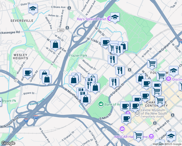 map of restaurants, bars, coffee shops, grocery stores, and more near 900 Greenleaf Avenue in Charlotte