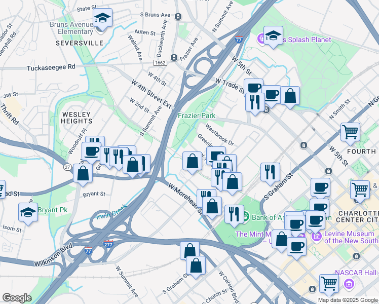 map of restaurants, bars, coffee shops, grocery stores, and more near 520 Elliot Street in Charlotte