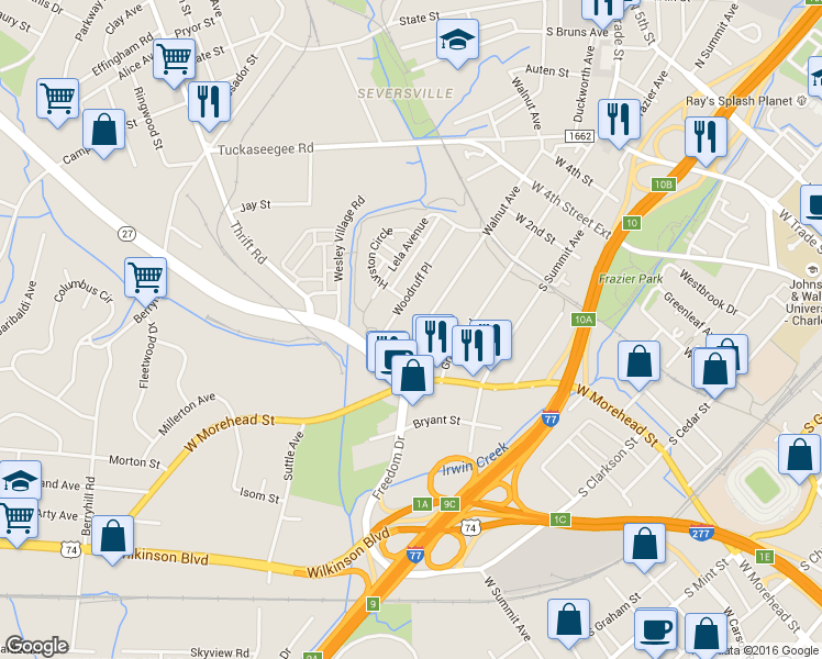map of restaurants, bars, coffee shops, grocery stores, and more near 820 Walnut Avenue in Charlotte