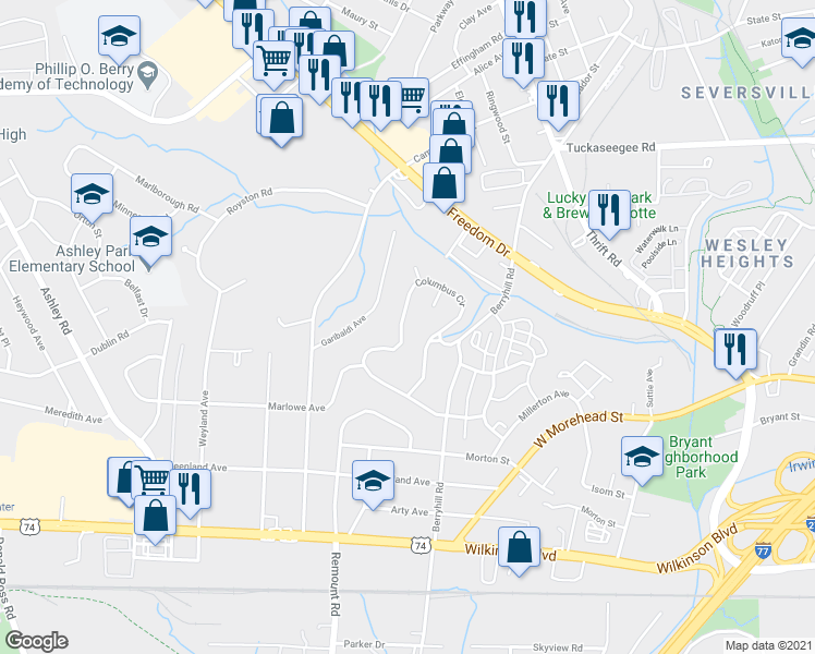 map of restaurants, bars, coffee shops, grocery stores, and more near 3129 Columbus Circle in Charlotte