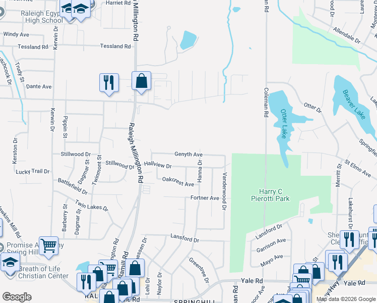 map of restaurants, bars, coffee shops, grocery stores, and more near 3835 Hanna Drive in Memphis