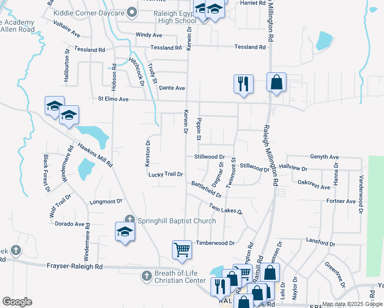map of restaurants, bars, coffee shops, grocery stores, and more near 3838 Kerwin Drive in Memphis