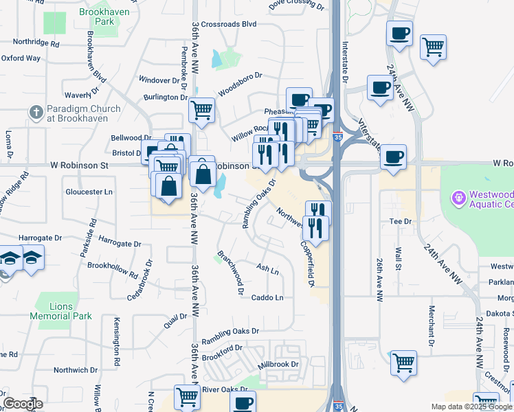 map of restaurants, bars, coffee shops, grocery stores, and more near 1051 Rambling Oaks Drive in Norman