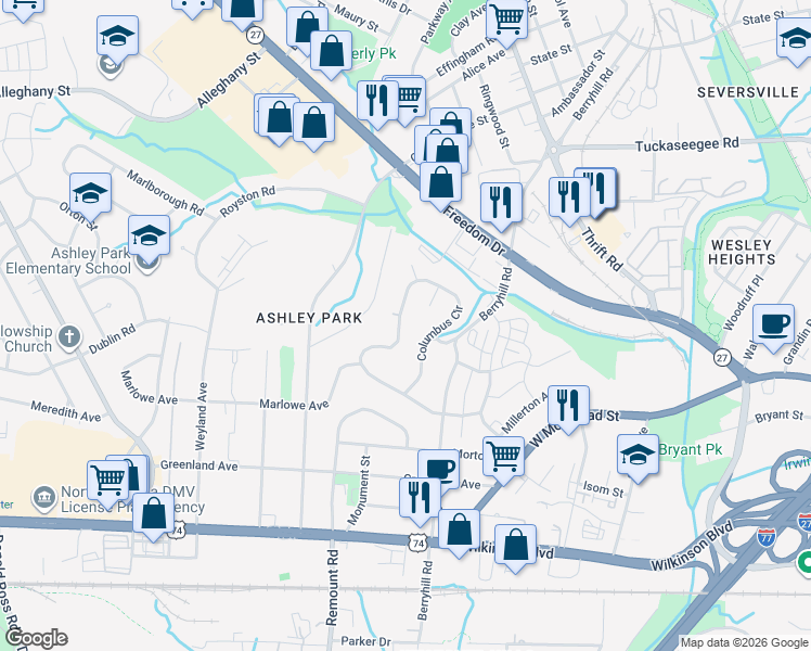 map of restaurants, bars, coffee shops, grocery stores, and more near 3129 Columbus Circle in Charlotte