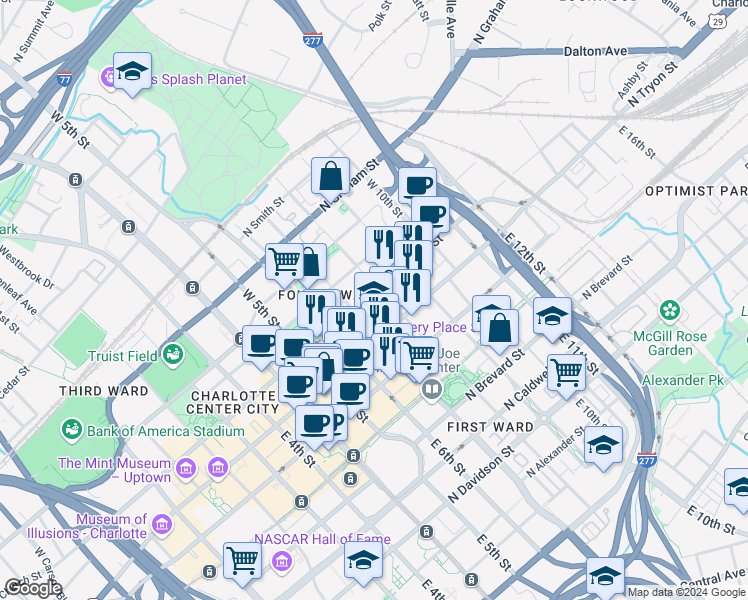 map of restaurants, bars, coffee shops, grocery stores, and more near in Charlotte