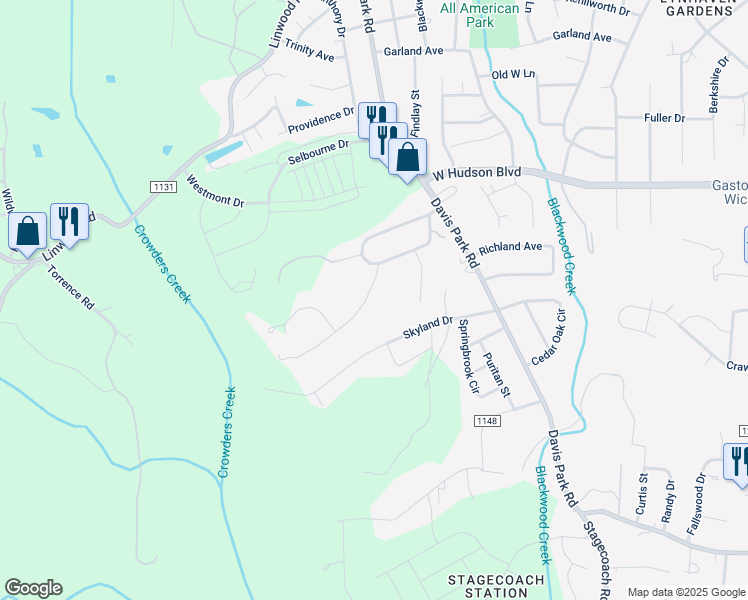 map of restaurants, bars, coffee shops, grocery stores, and more near 2317 Cricket Lane in Gastonia