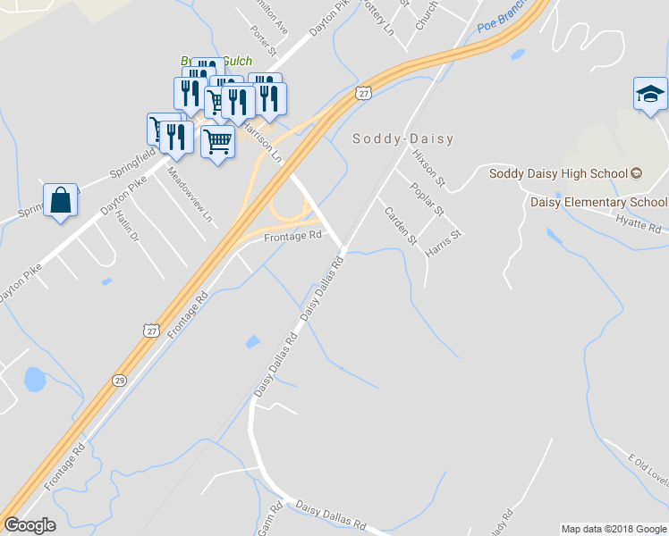 map of restaurants, bars, coffee shops, grocery stores, and more near 9301 Daisy Dallas Road in Soddy-Daisy
