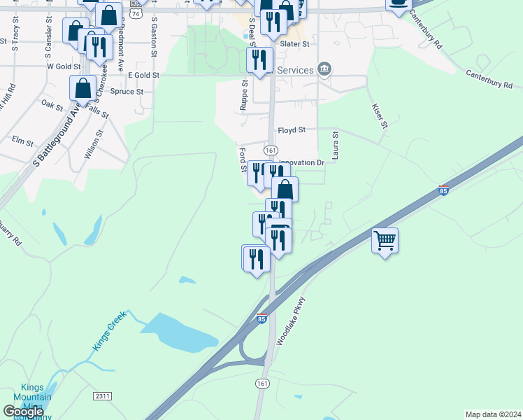 map of restaurants, bars, coffee shops, grocery stores, and more near 710 York Road in Kings Mountain