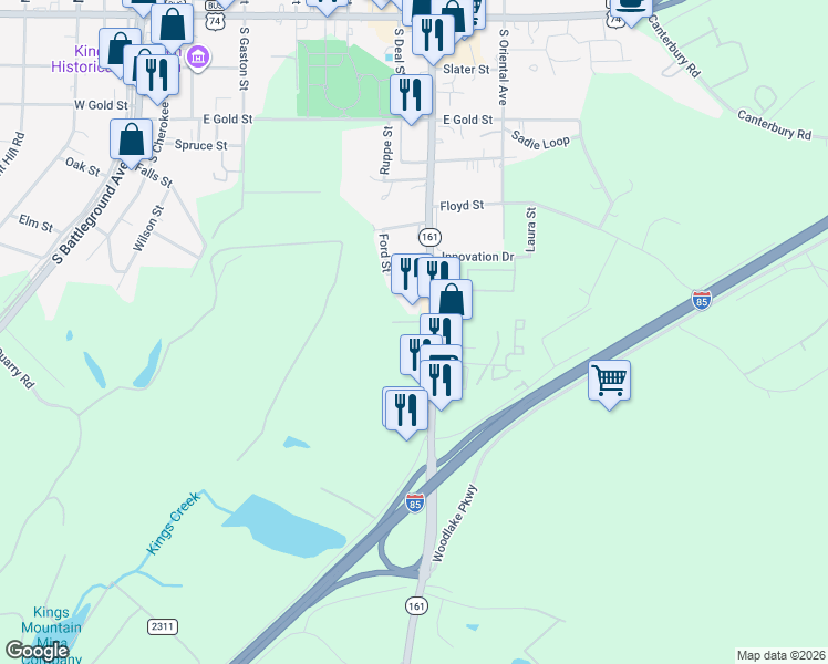 map of restaurants, bars, coffee shops, grocery stores, and more near 710 York Road in Kings Mountain
