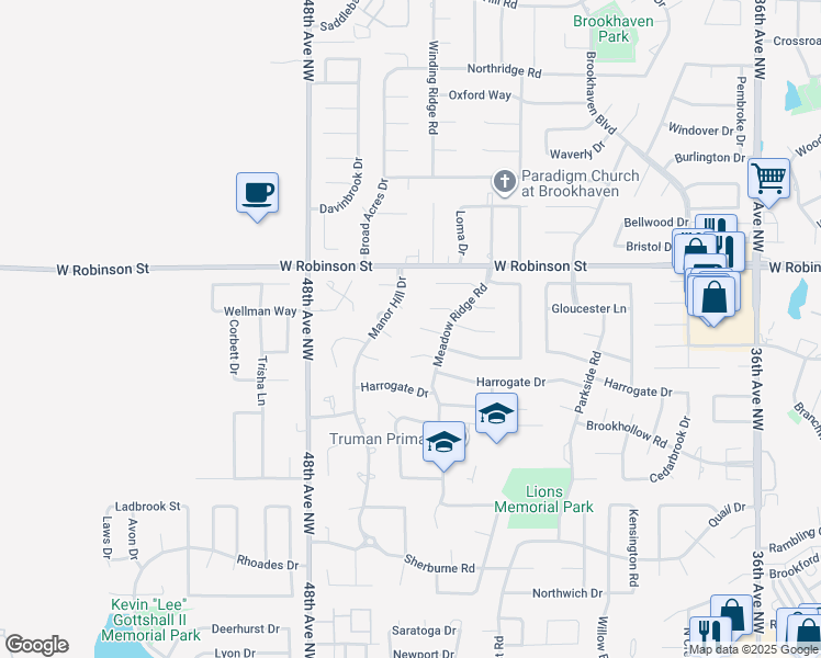 map of restaurants, bars, coffee shops, grocery stores, and more near 4416 Brighton Court in Norman