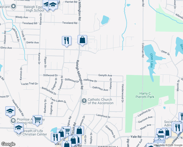 map of restaurants, bars, coffee shops, grocery stores, and more near 4192 Genyth Avenue in Memphis