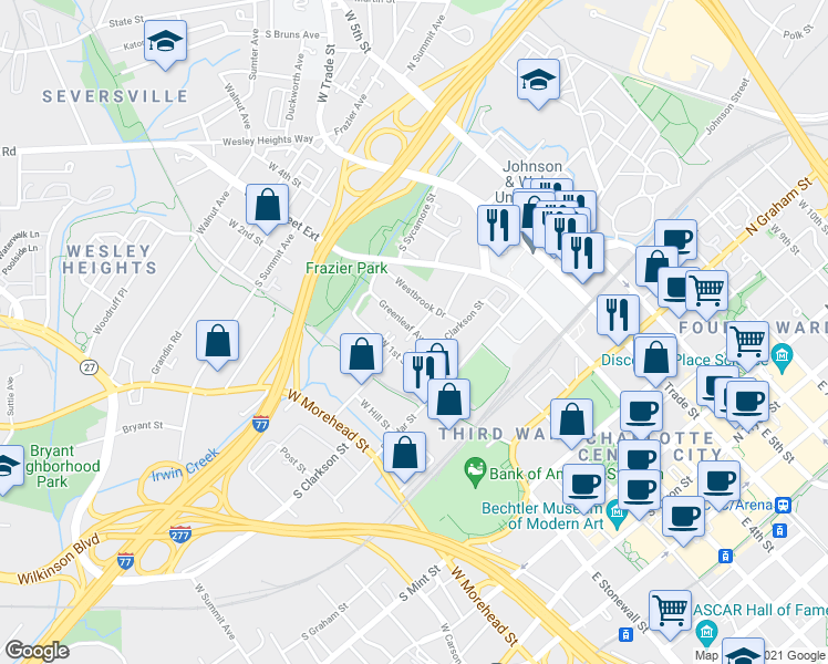 map of restaurants, bars, coffee shops, grocery stores, and more near Greenleaf Avenue & McNinch Street in Charlotte