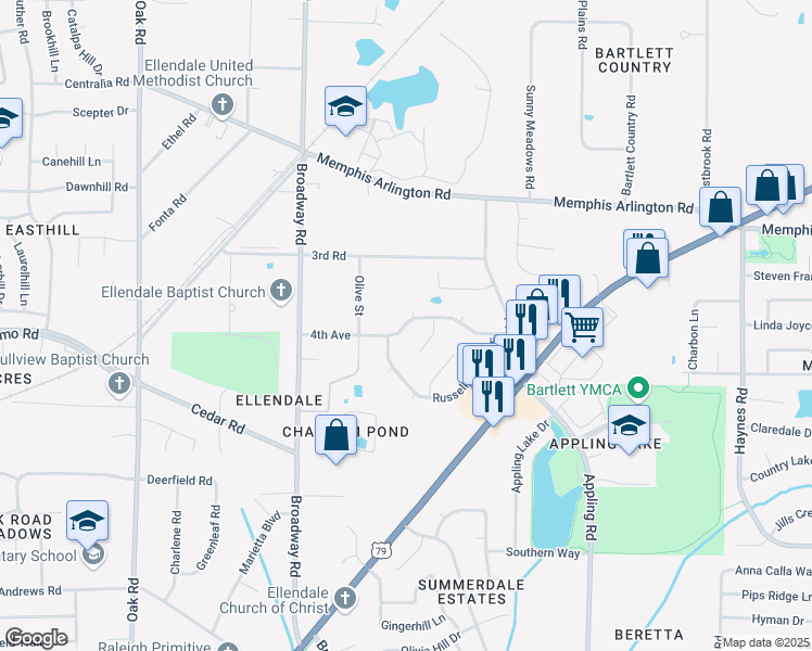 map of restaurants, bars, coffee shops, grocery stores, and more near 4th Avenue in Memphis
