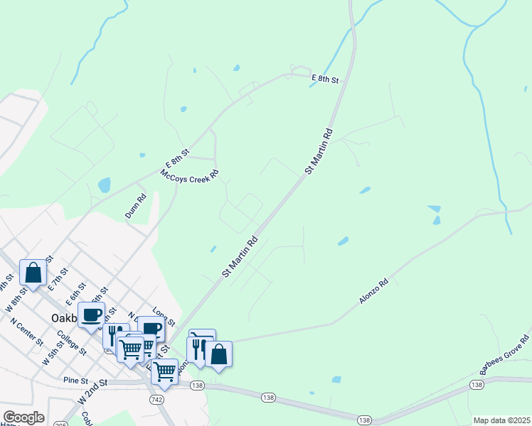 map of restaurants, bars, coffee shops, grocery stores, and more near 12124 Saint Martin Road in Oakboro
