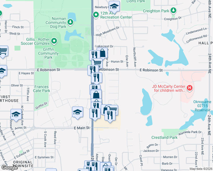 map of restaurants, bars, coffee shops, grocery stores, and more near 1051 12th Avenue Northeast in Norman