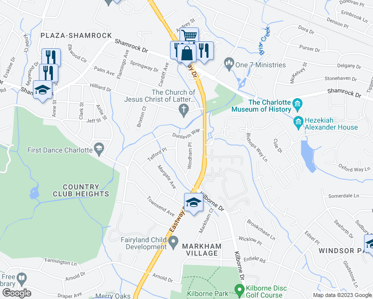 map of restaurants, bars, coffee shops, grocery stores, and more near 1826 Windham Place in Charlotte