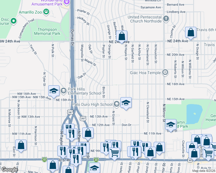 map of restaurants, bars, coffee shops, grocery stores, and more near 1511 Orange Street in Amarillo