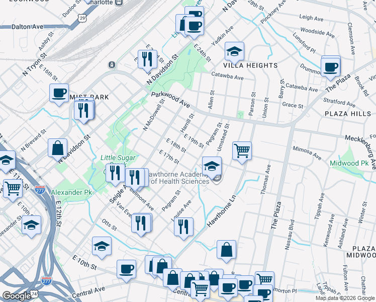 map of restaurants, bars, coffee shops, grocery stores, and more near in Charlotte