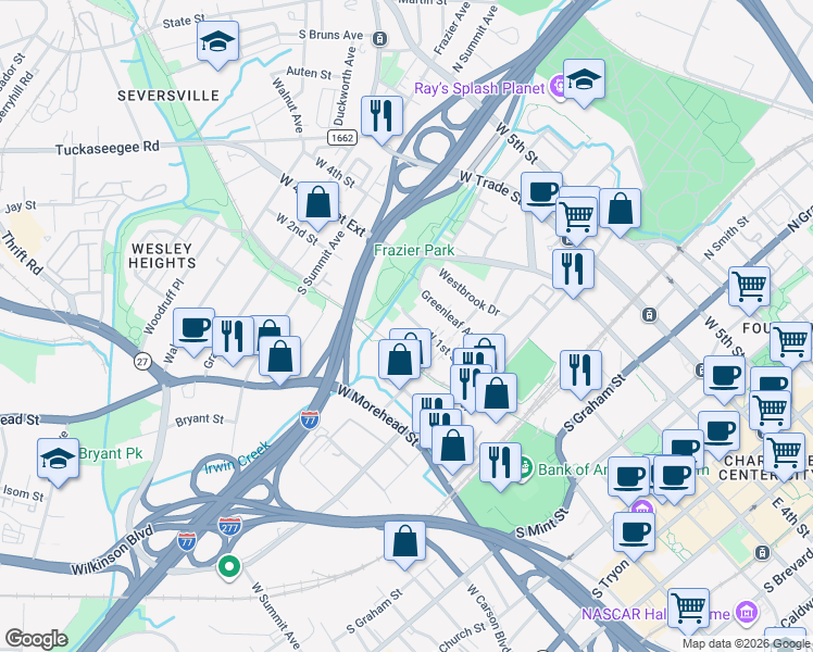 map of restaurants, bars, coffee shops, grocery stores, and more near in Charlotte