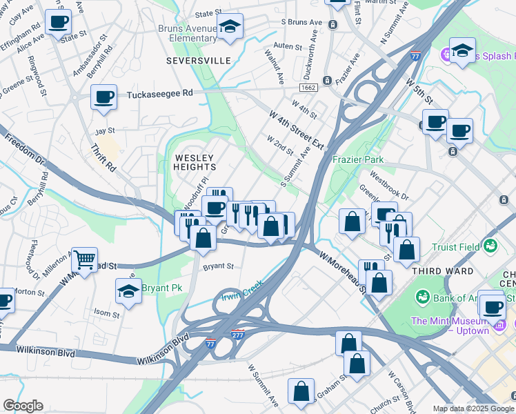 map of restaurants, bars, coffee shops, grocery stores, and more near 700 South Summit Avenue in Charlotte