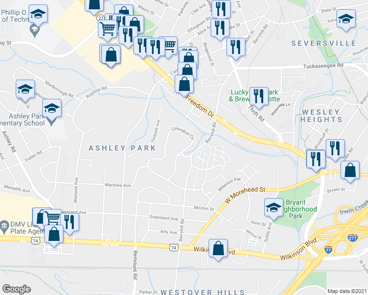map of restaurants, bars, coffee shops, grocery stores, and more near 2400 Columbus Circle in Charlotte