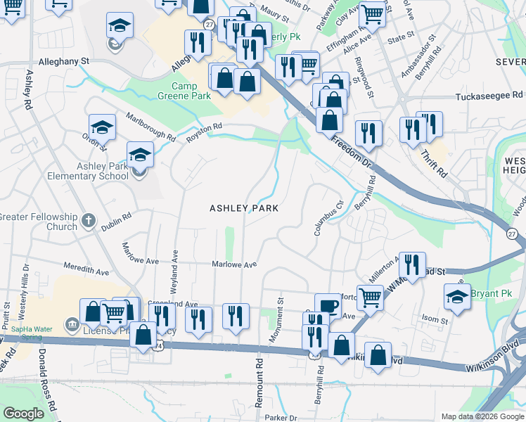 map of restaurants, bars, coffee shops, grocery stores, and more near 1933 Garibaldi Avenue in Charlotte