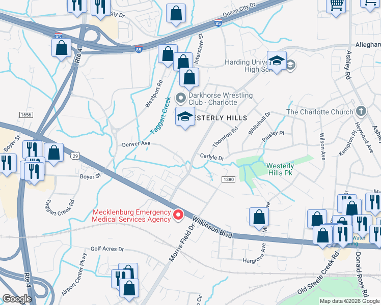 map of restaurants, bars, coffee shops, grocery stores, and more near in Charlotte