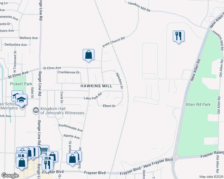 map of restaurants, bars, coffee shops, grocery stores, and more near 2939 Lake Park Road in Memphis