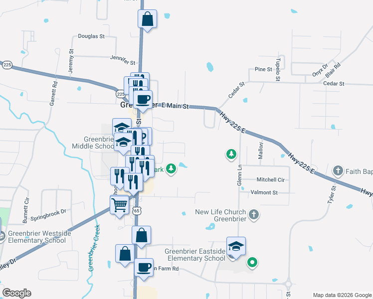 map of restaurants, bars, coffee shops, grocery stores, and more near 12 Iris Street in Greenbrier