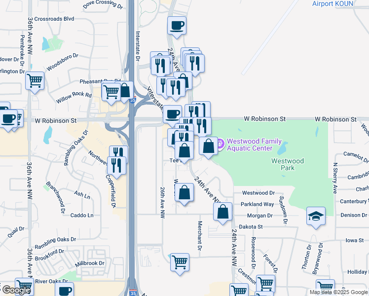 map of restaurants, bars, coffee shops, grocery stores, and more near 1000 24th Avenue Northwest in Norman