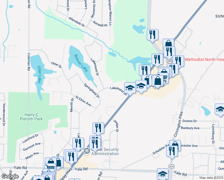 map of restaurants, bars, coffee shops, grocery stores, and more near 3828 Lakehurst Drive in Memphis