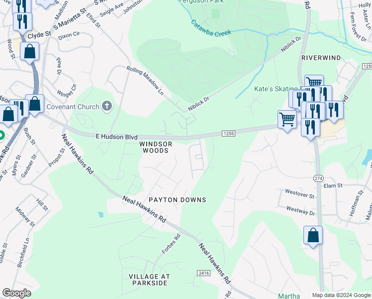 map of restaurants, bars, coffee shops, grocery stores, and more near 2369 Loch Stone Drive in Gastonia
