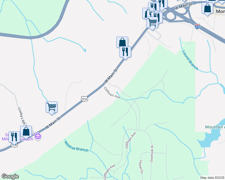 map of restaurants, bars, coffee shops, grocery stores, and more near 700 West Main Street in Monteagle
