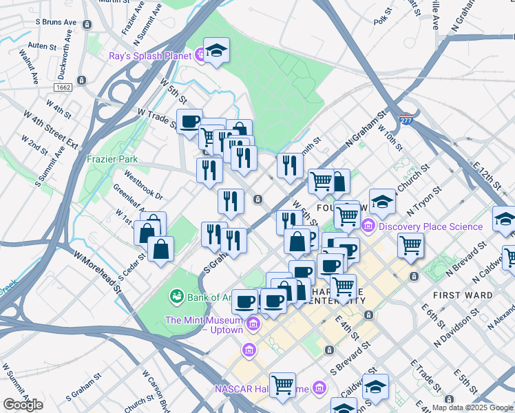 map of restaurants, bars, coffee shops, grocery stores, and more near 525 West Trade Street in Charlotte