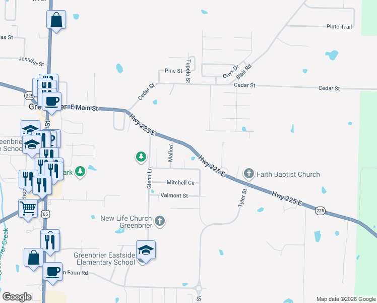 map of restaurants, bars, coffee shops, grocery stores, and more near 65 East Main Street in Greenbrier
