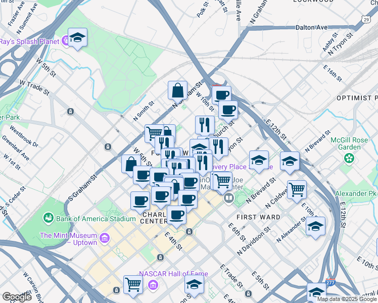 map of restaurants, bars, coffee shops, grocery stores, and more near 401 North Church Street in Charlotte