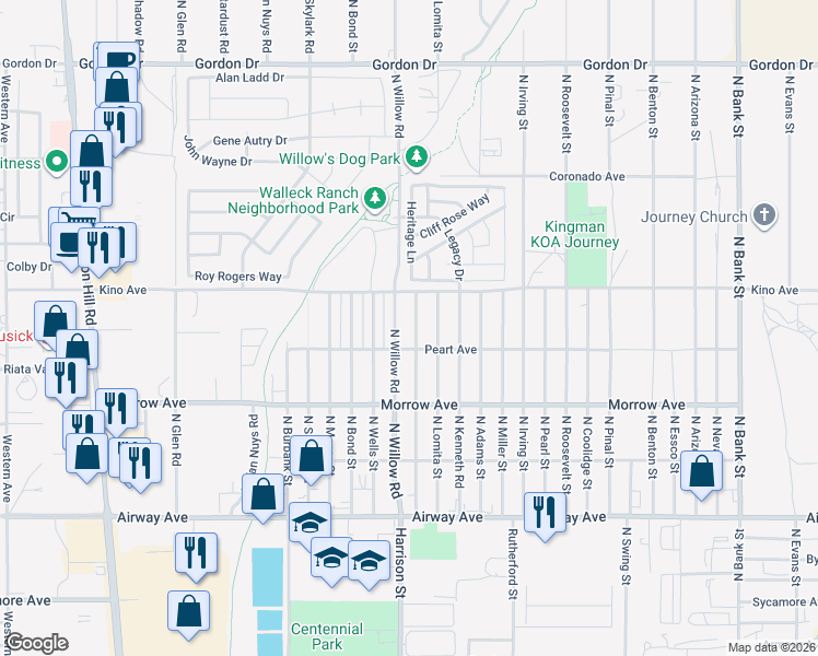 map of restaurants, bars, coffee shops, grocery stores, and more near 3696 North Verdugo Road in Kingman