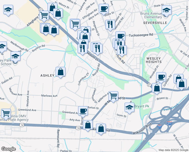 map of restaurants, bars, coffee shops, grocery stores, and more near 1606 Fleetwood Drive in Charlotte