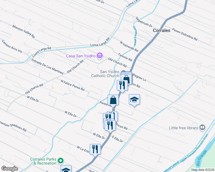map of restaurants, bars, coffee shops, grocery stores, and more near 4829 Corrales Road in Corrales