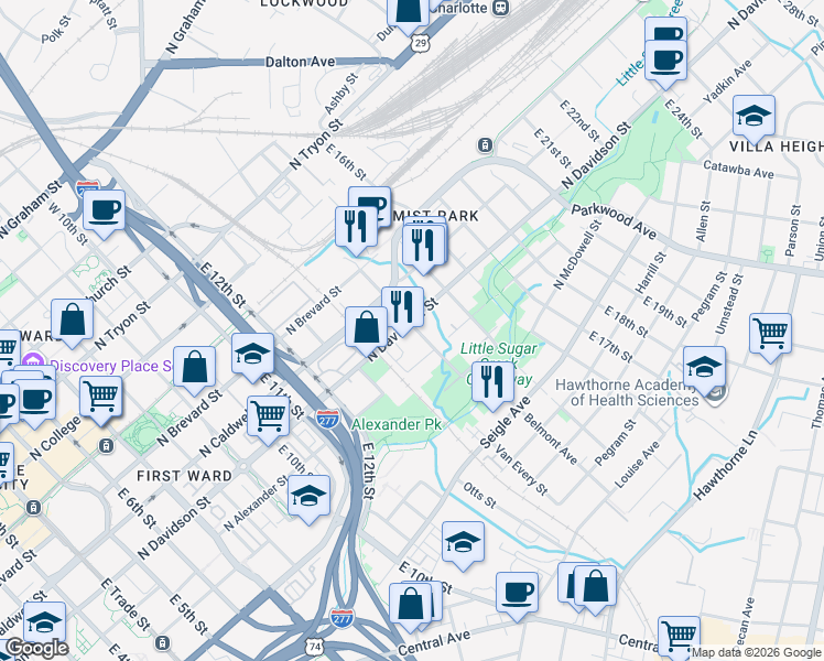 map of restaurants, bars, coffee shops, grocery stores, and more near in Charlotte