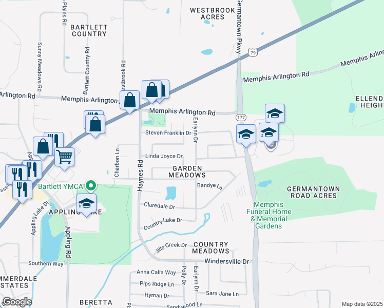 map of restaurants, bars, coffee shops, grocery stores, and more near 3839 Earlynn Drive in Memphis