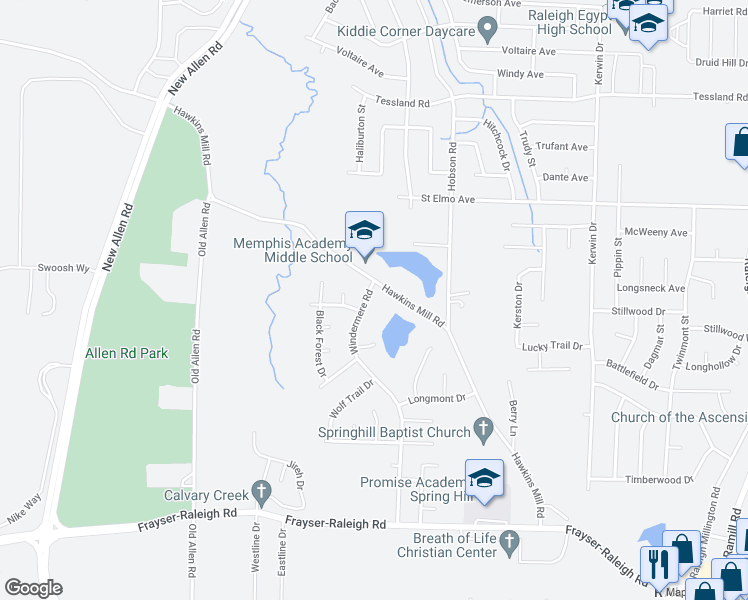 map of restaurants, bars, coffee shops, grocery stores, and more near 3866 Windermere Road in Memphis
