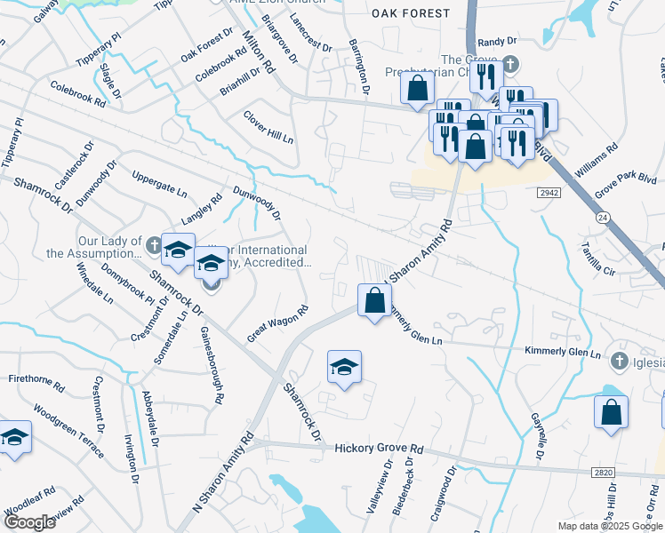 map of restaurants, bars, coffee shops, grocery stores, and more near 4608 Sharon Chase Drive in Charlotte