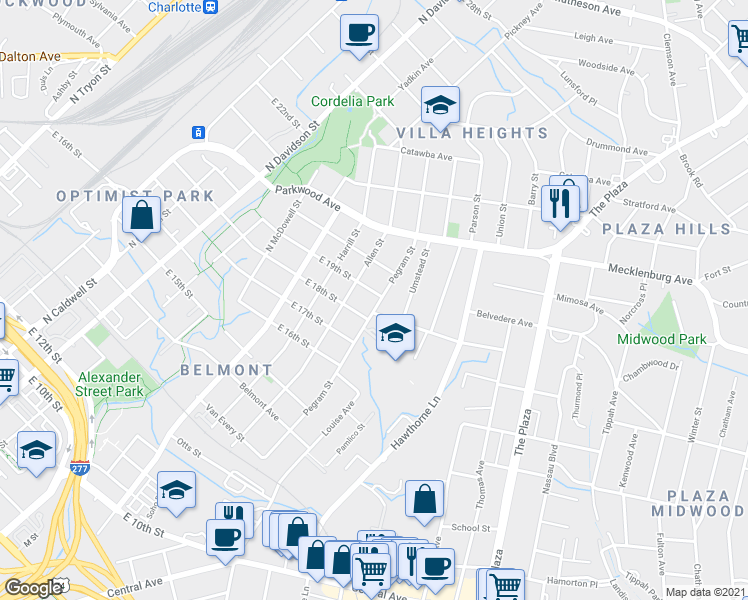 map of restaurants, bars, coffee shops, grocery stores, and more near in Charlotte