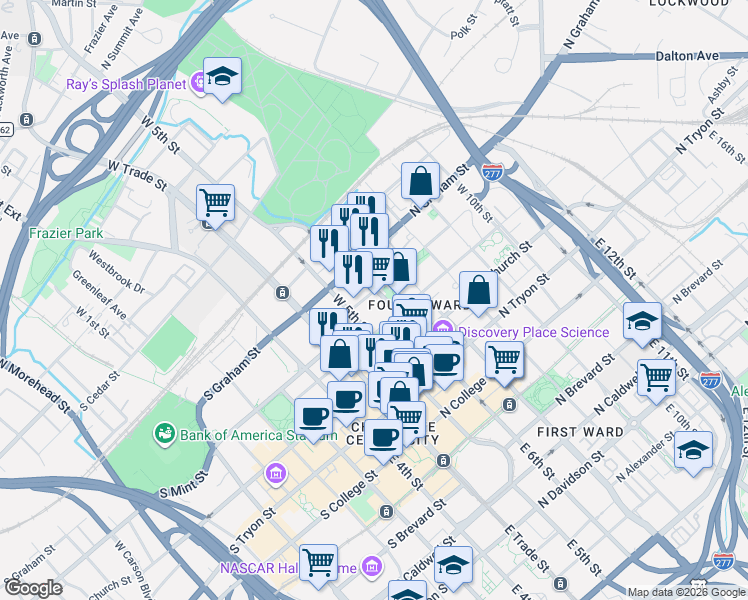 map of restaurants, bars, coffee shops, grocery stores, and more near in Charlotte